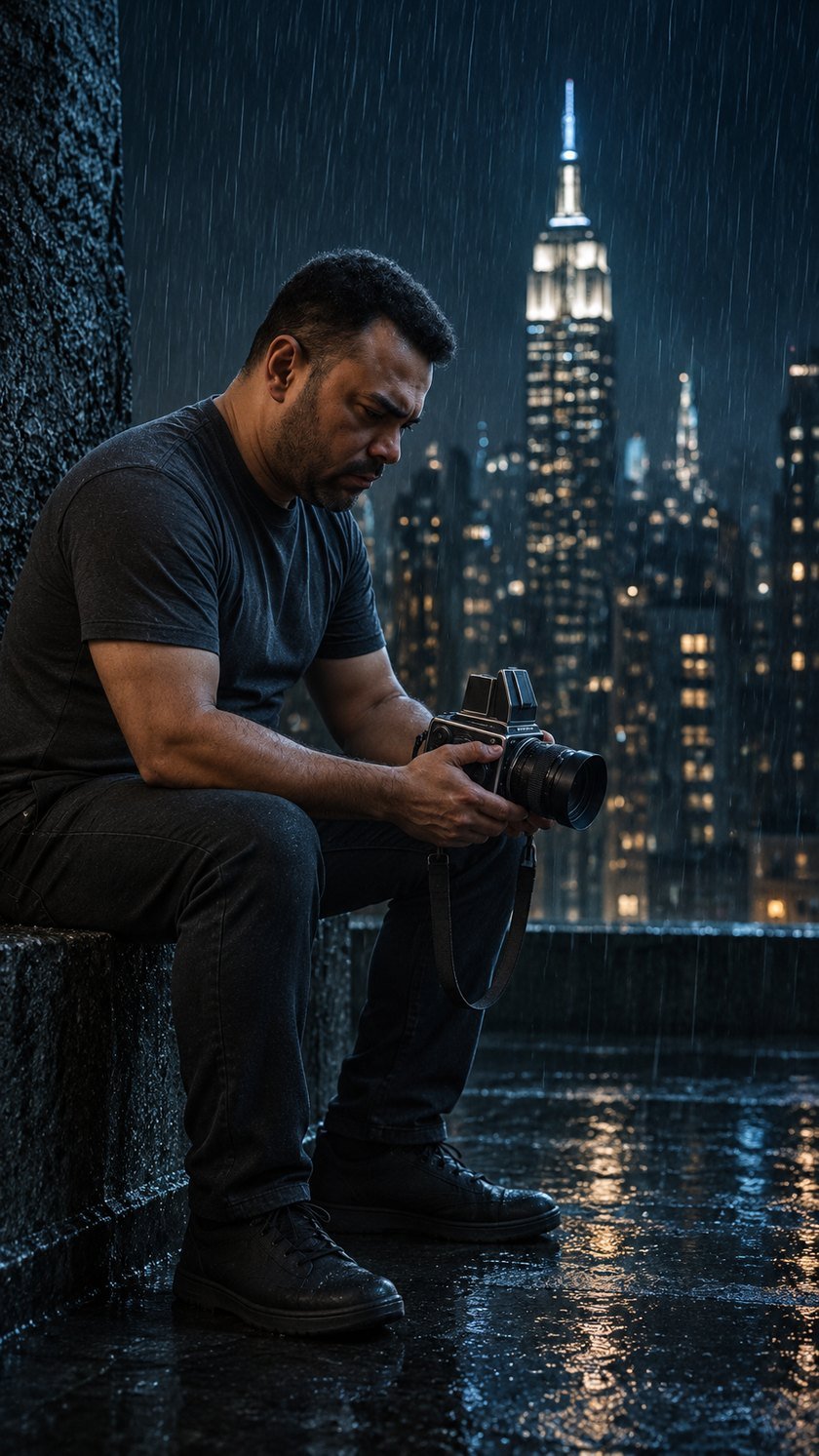 Fotógrafo com câmera de médio formato em um terraço sob chuva, com os arranha-céus de Nova York ao fundo